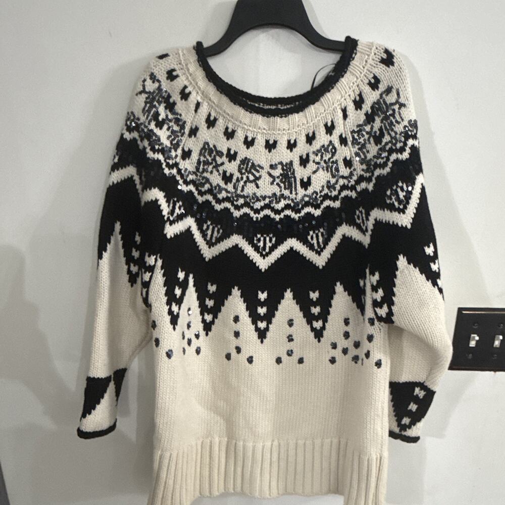 ZARA KNIT Black/Ivory Fair Isle Sequin Limited Edition Sweater M